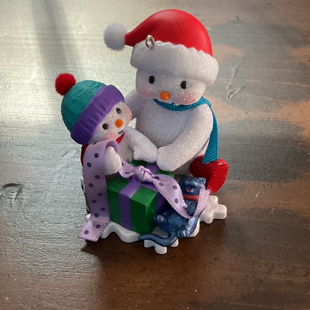 Hallmark Snowman and Child Toy with Red and Purple Accents